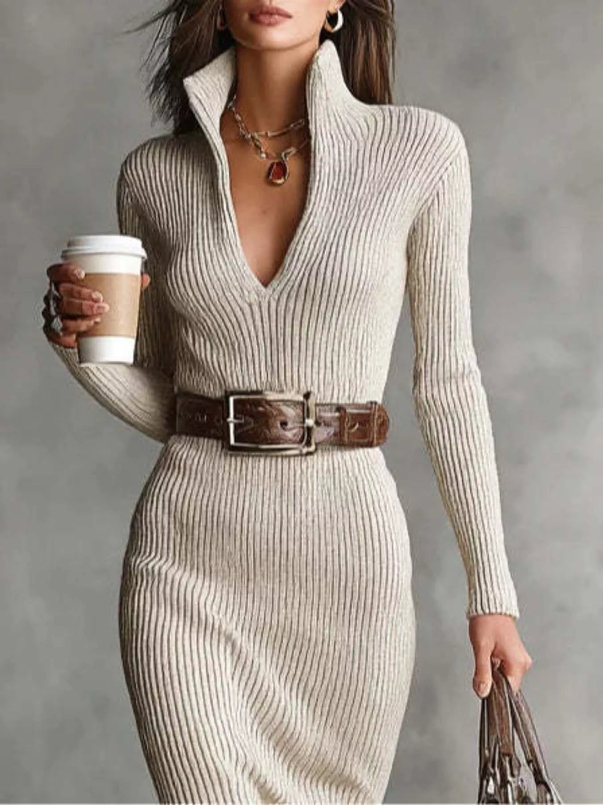 Ribbed Knit V-neck Sweater Dress (10)