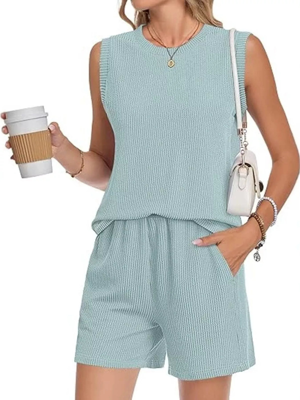 Casual Ribbed Knit Sleeveless Top Shorts Set (19)