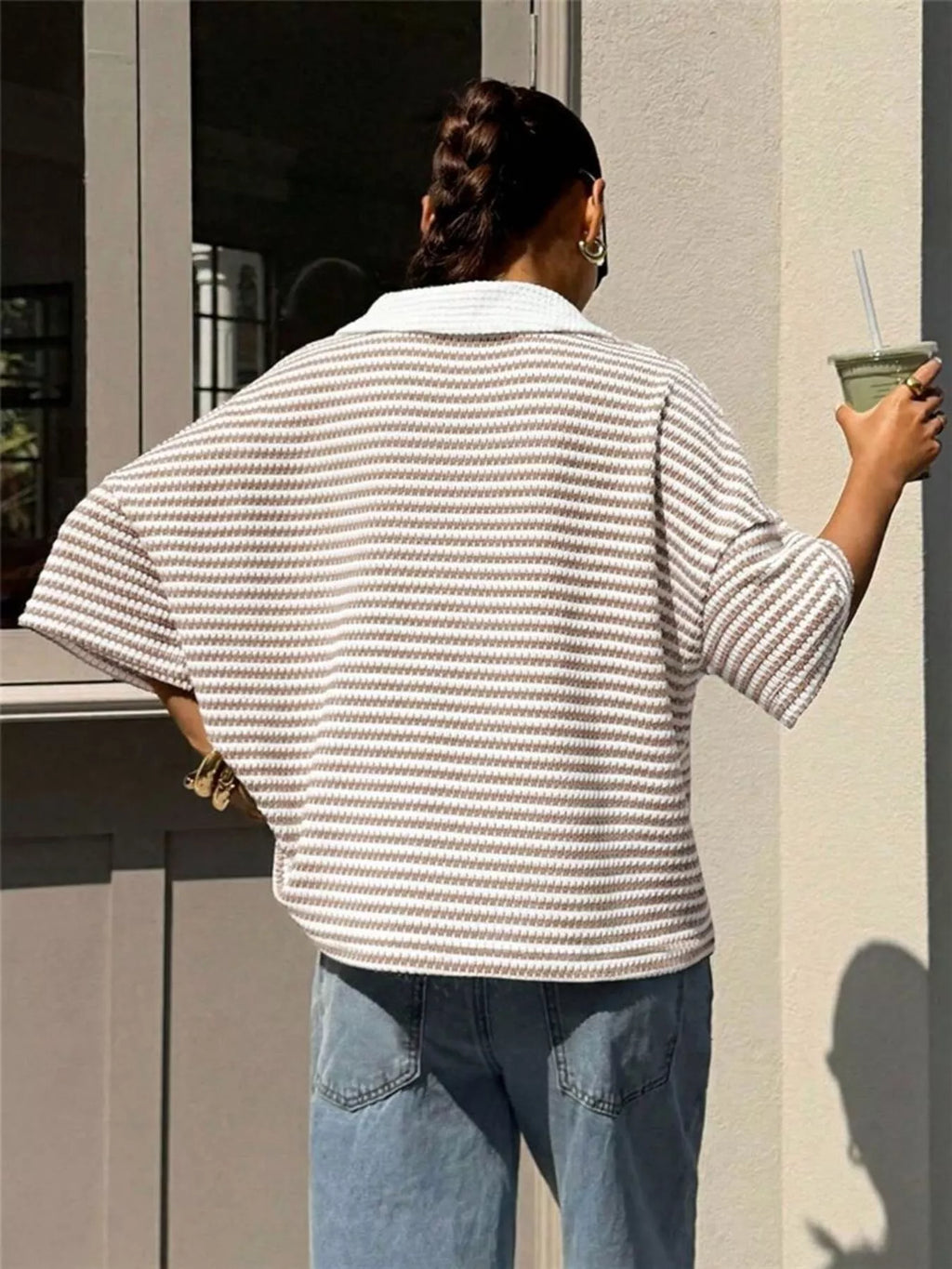 Striped Knit 3/4 Sleeve Polo Top (12)