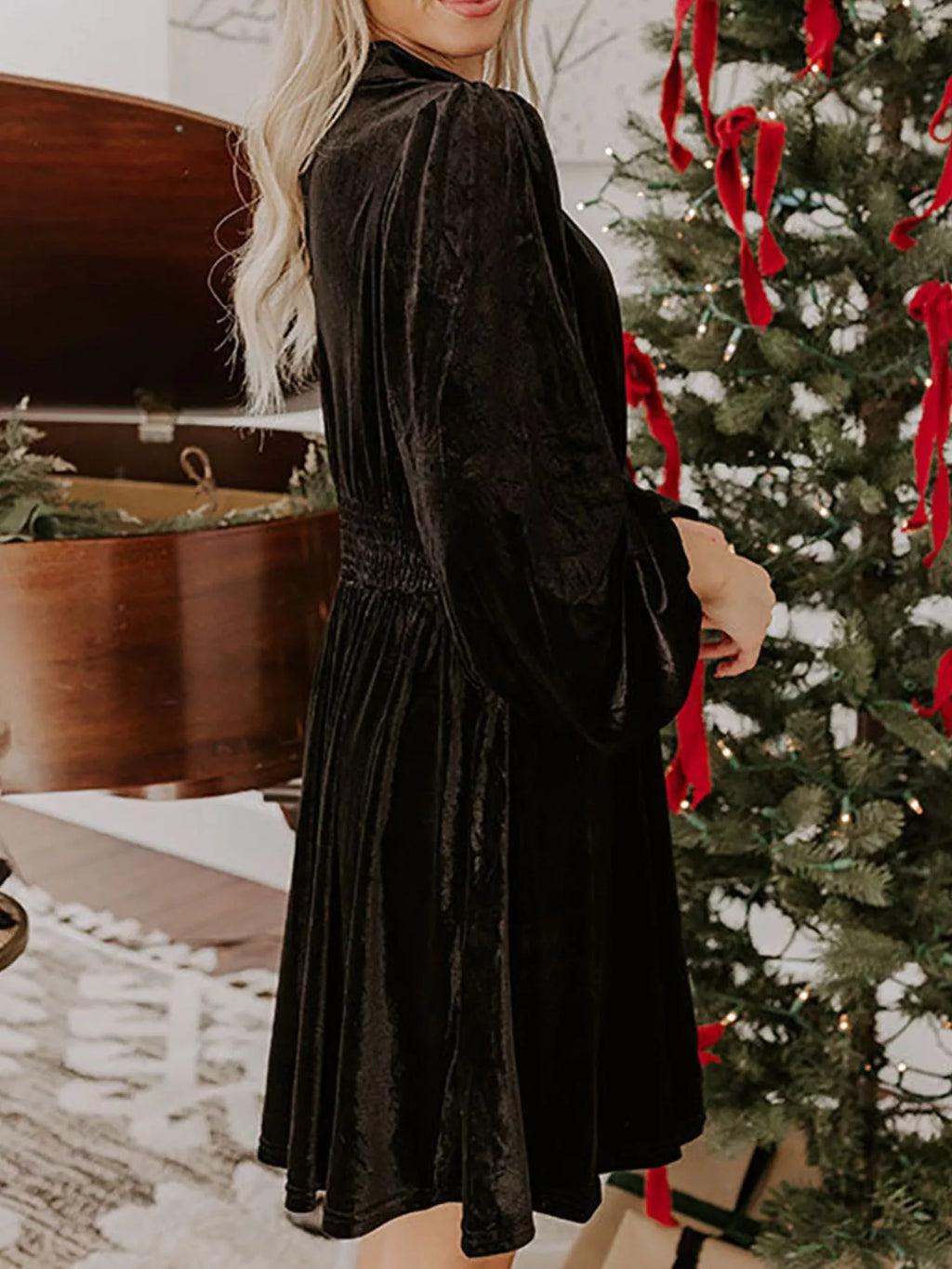 Velvet Mock Neck Balloon Sleeve Dress (7)