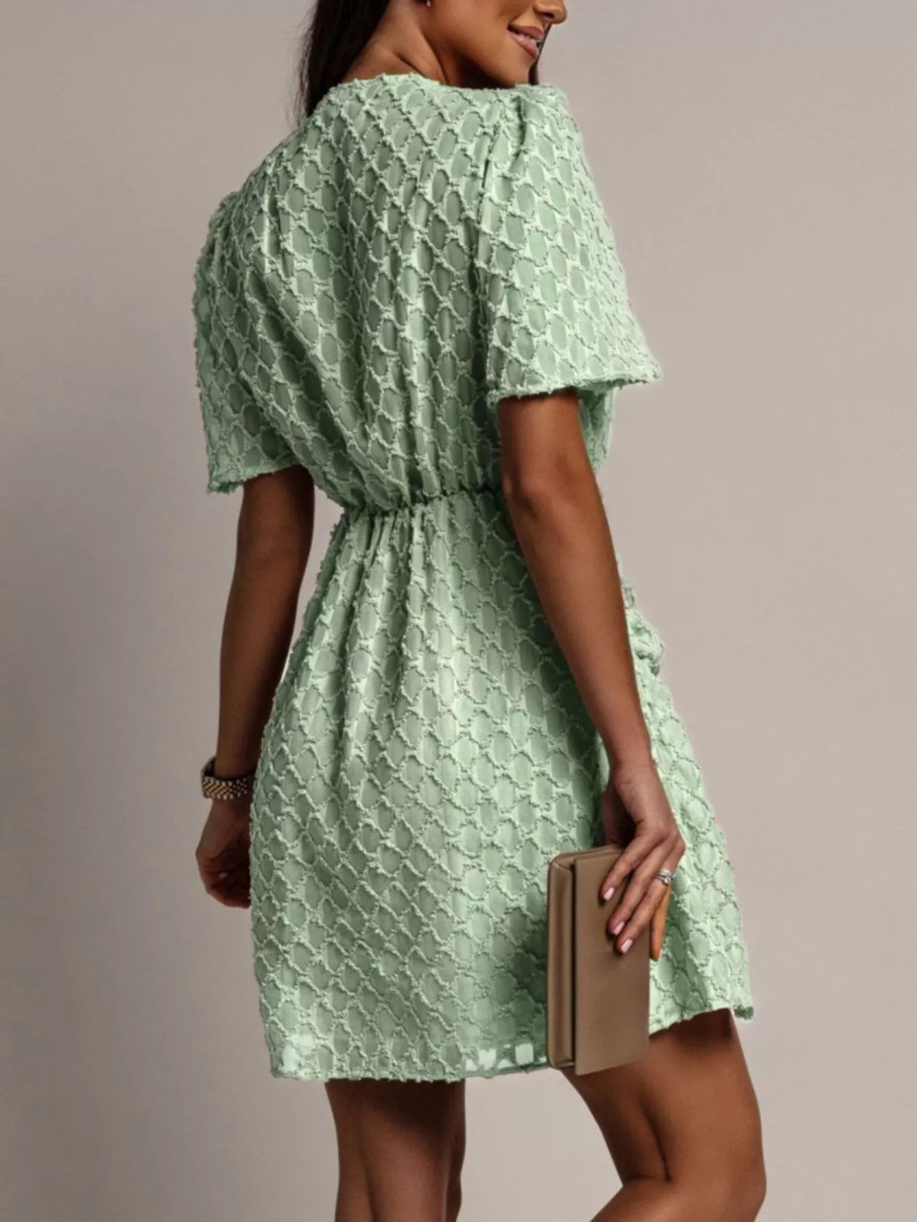 Textured V-neck Ruched Mini Dress (7)