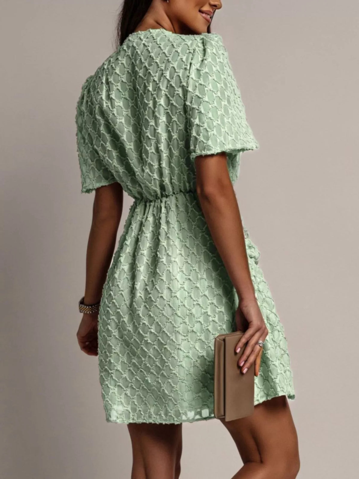 Textured V-neck Ruched Mini Dress (7)