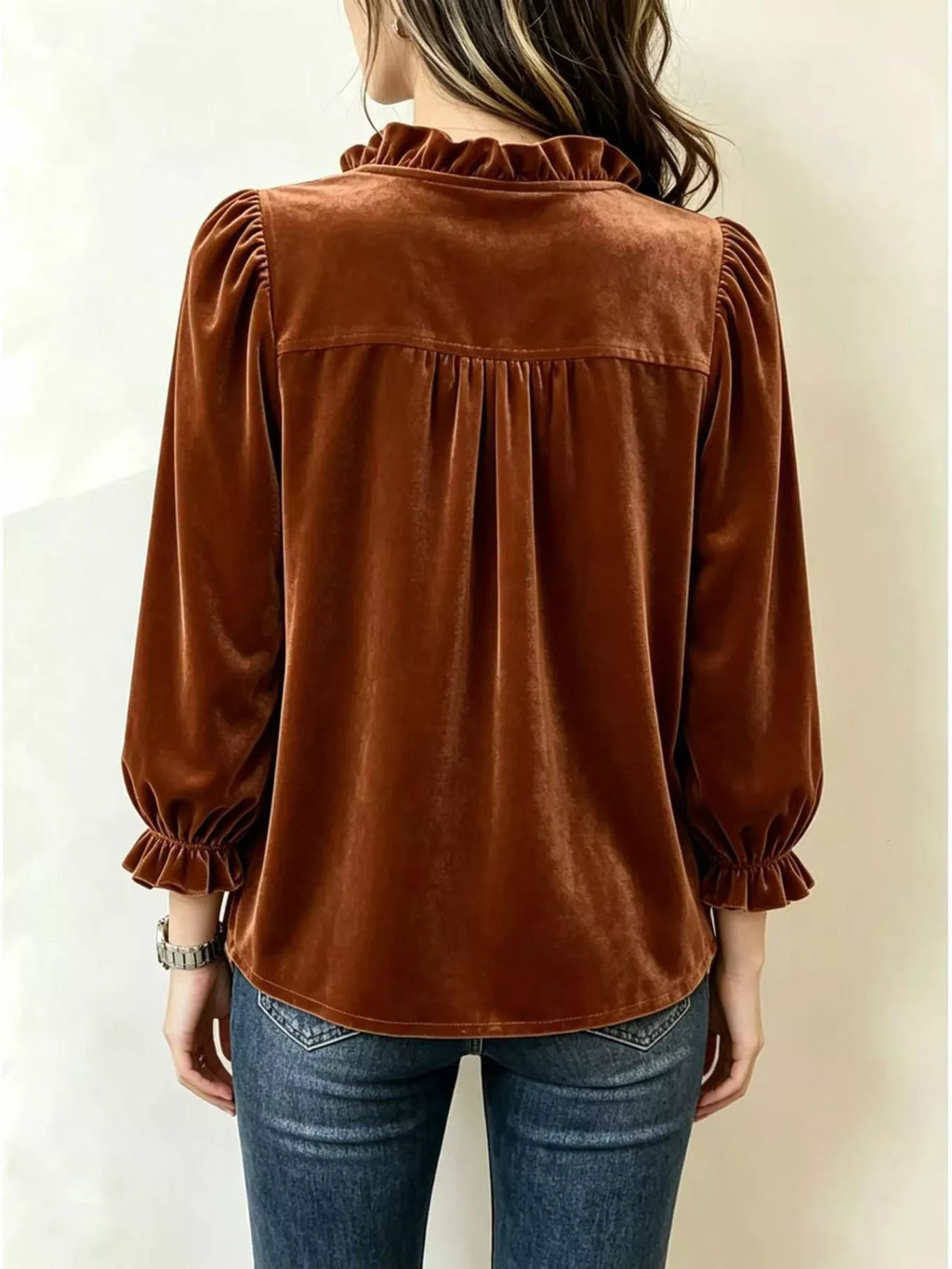 V-neck Ruffled Velvet Button Down Blouse (2)