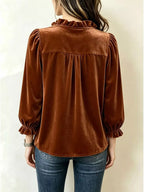 V-neck Ruffled Velvet Button Down Blouse (2)