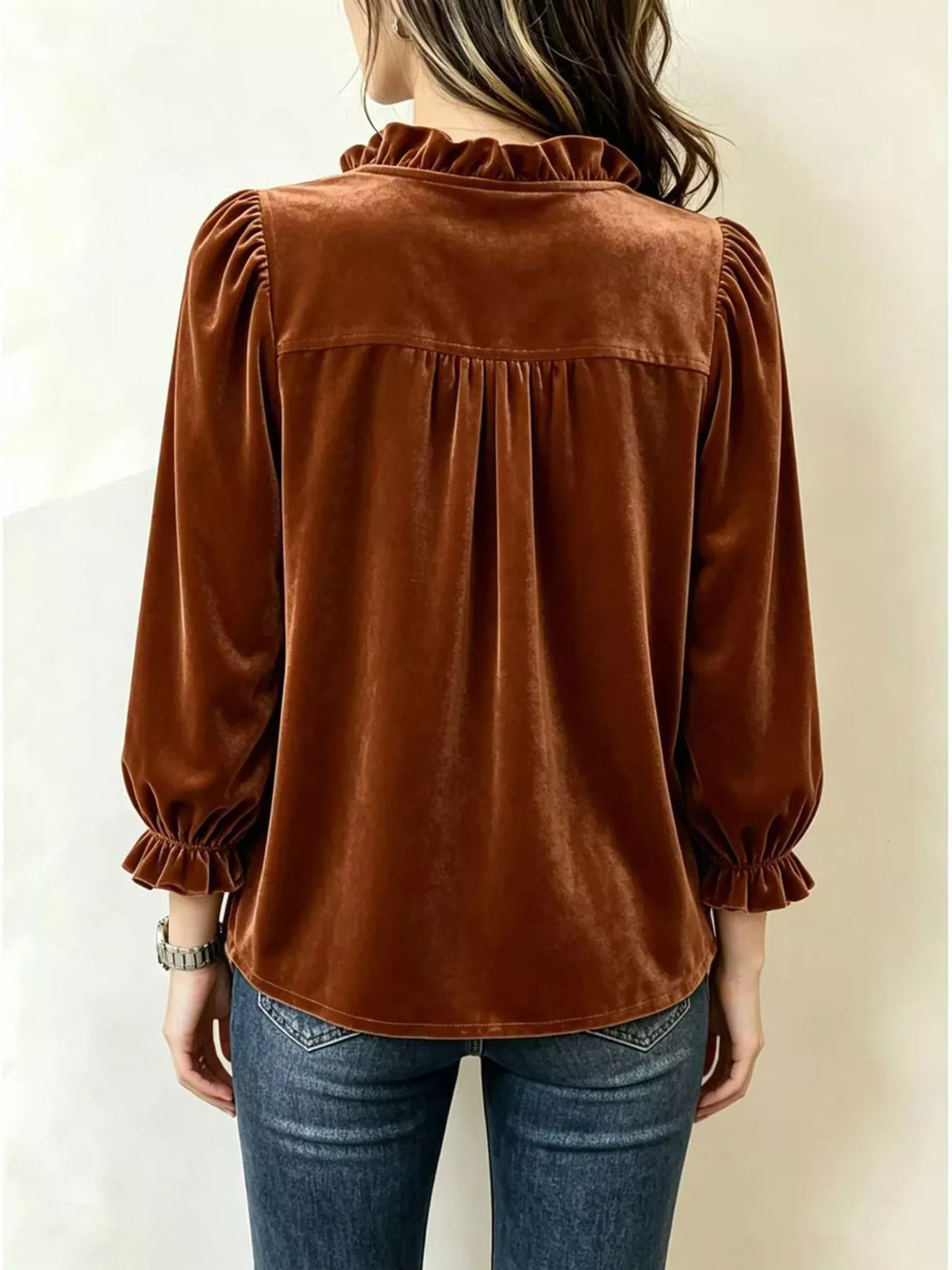 V-neck Ruffled Velvet Button Down Blouse (2)