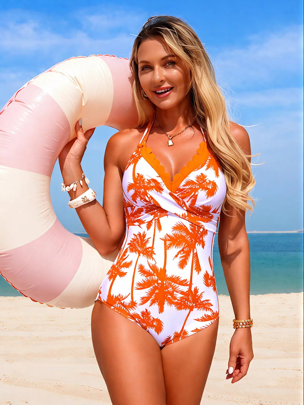 Tropical Palm Print Halter Neck One-piece Swimsuit (16)
