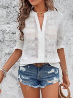 Eyelet Notched Flounce Sleeve Blouse