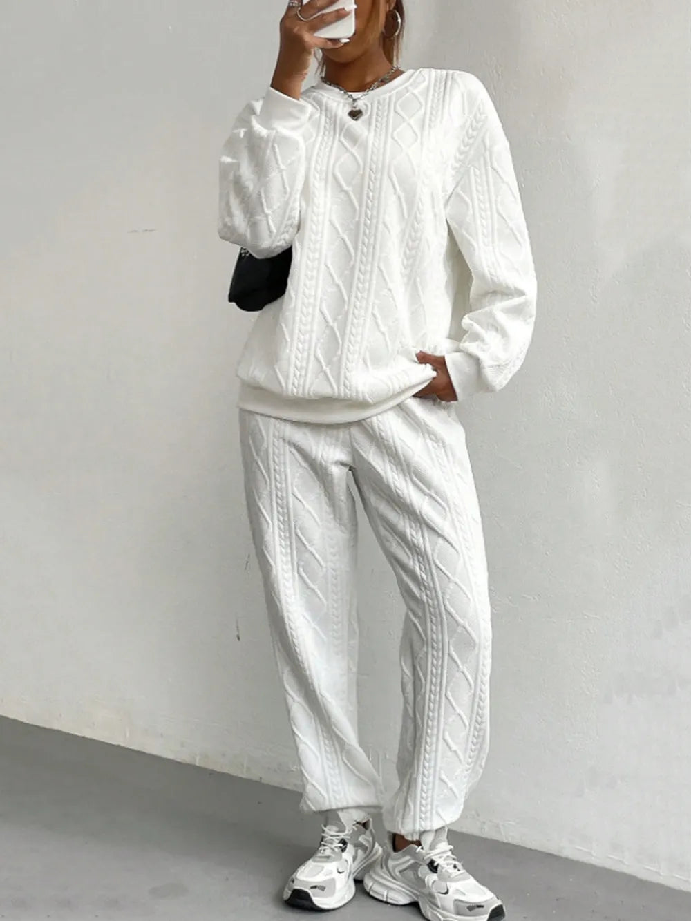 Texture Round Neck Top Pants Set (4)