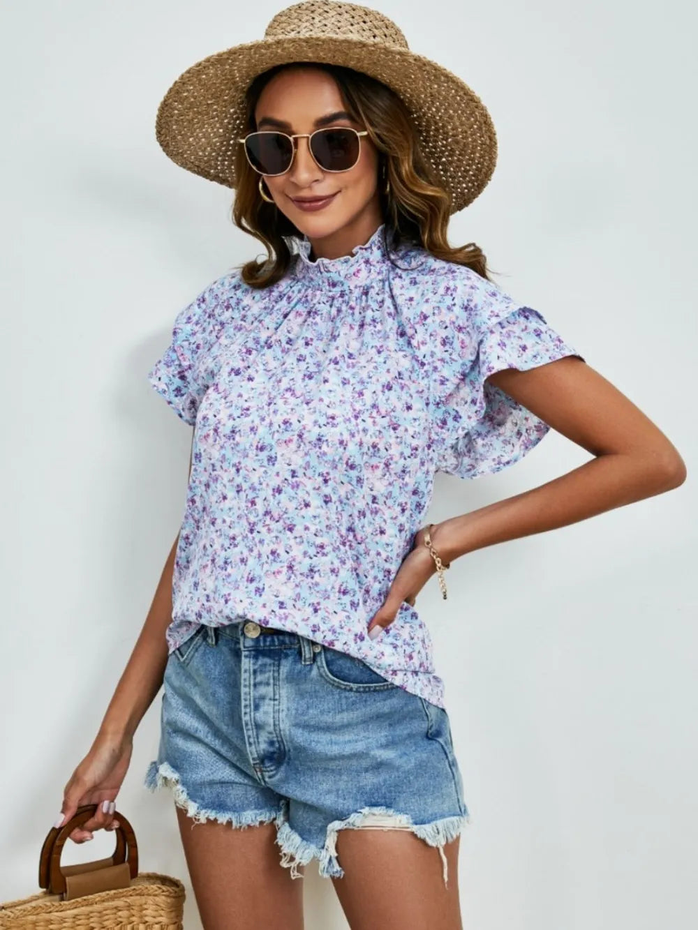 Ditsy Floral Mock Neck Flounce Sleeve Blouse (5)