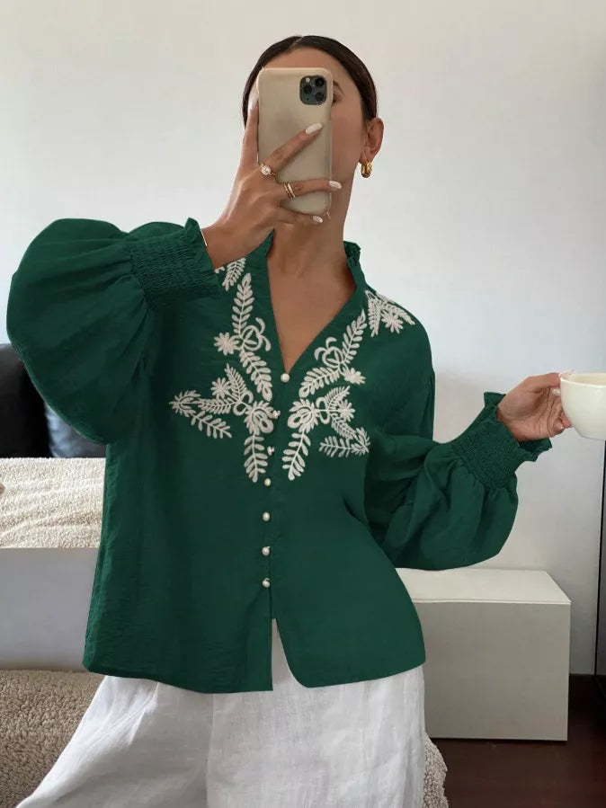 Embroidered Notched Long Sleeve Blouse (17)