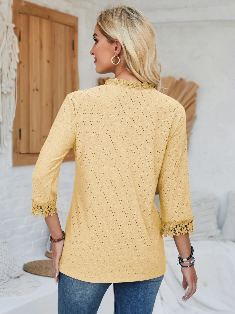 Lace Detail V-neck Three-quarter Sleeve Blouse (28)