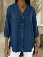 Full Size V-neck Ruffled Button Down Shirt Plus