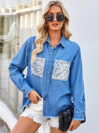 Raw Hem Button Up Long Sleeve Denim Jacket Sequin Pockets (7)