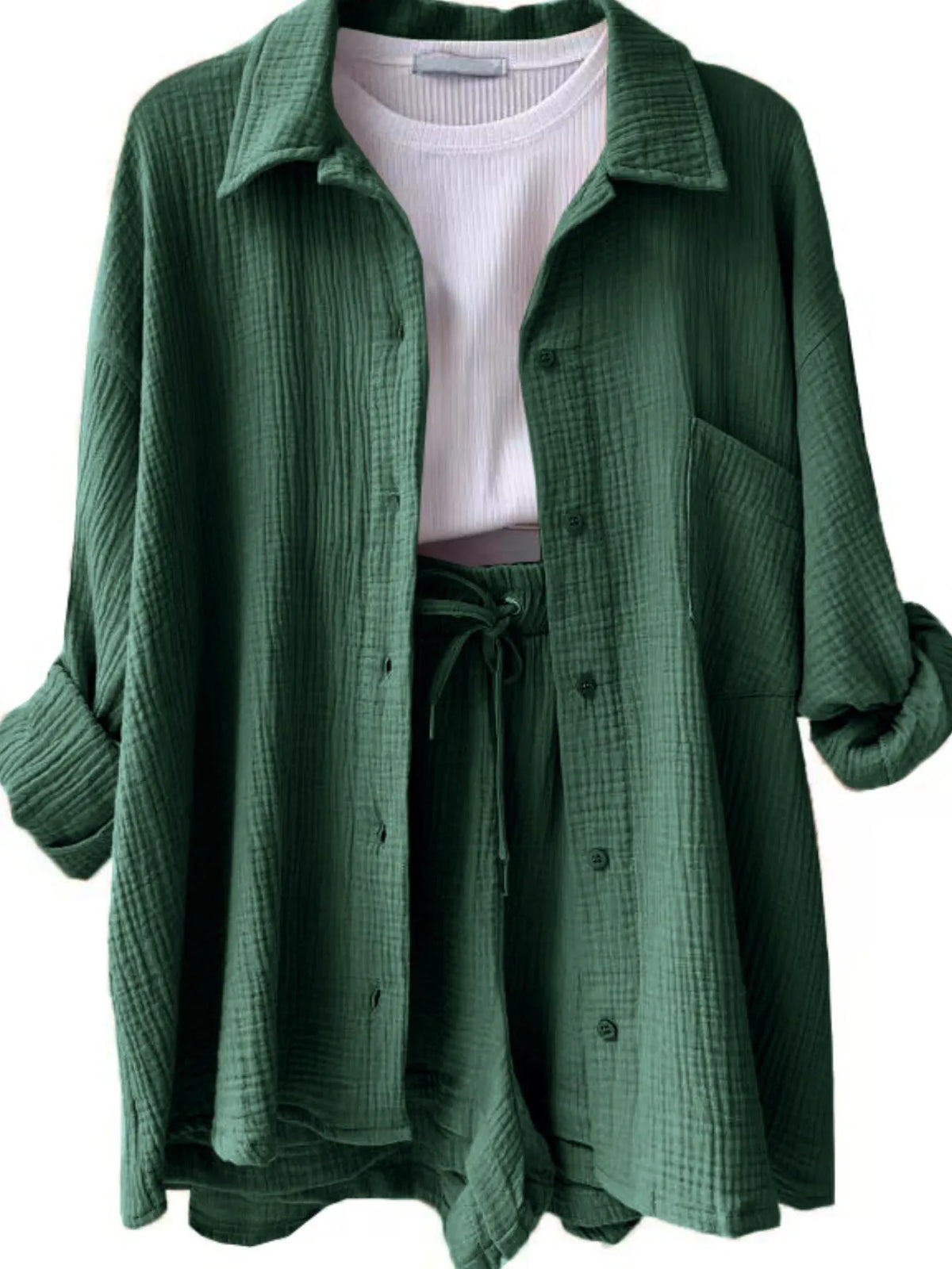 Textured Button Up Shirt Shorts Set (10)