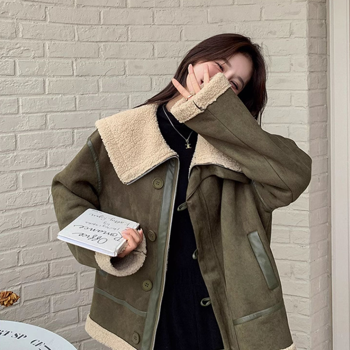 Korean-style Retro Green Suede Lambswool Coat photo 2