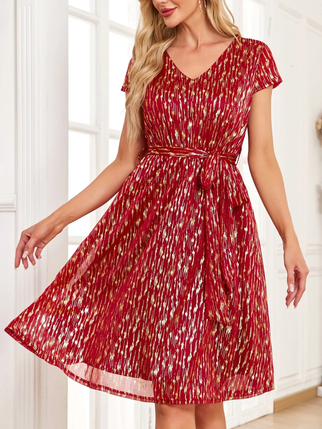 V-neck Metallic Print Dress (2)