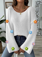 Flower Round Neck Long Sleeve Sweater (6)