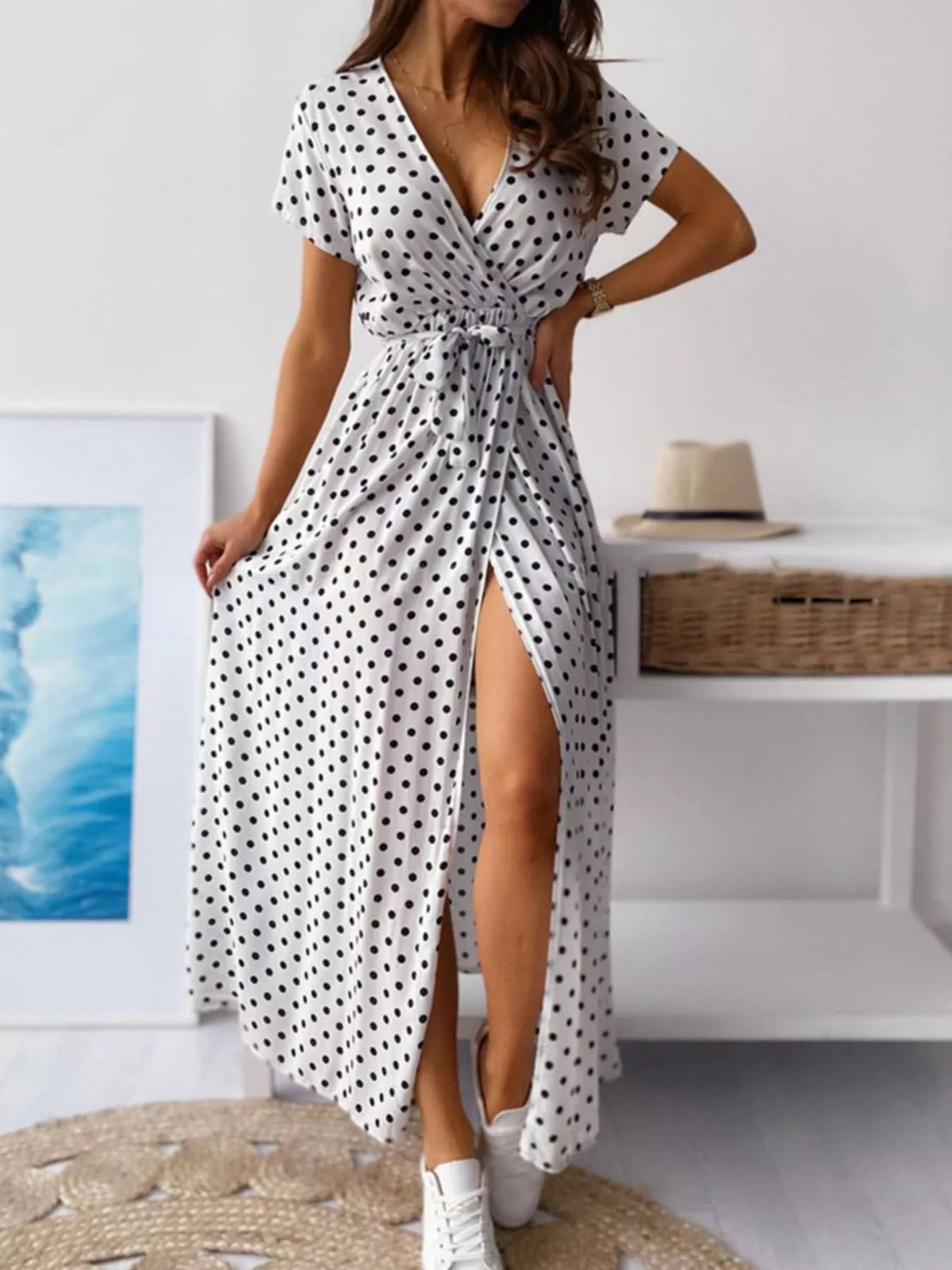 Polka Dot Surplice Maxi Dress Slit (5)