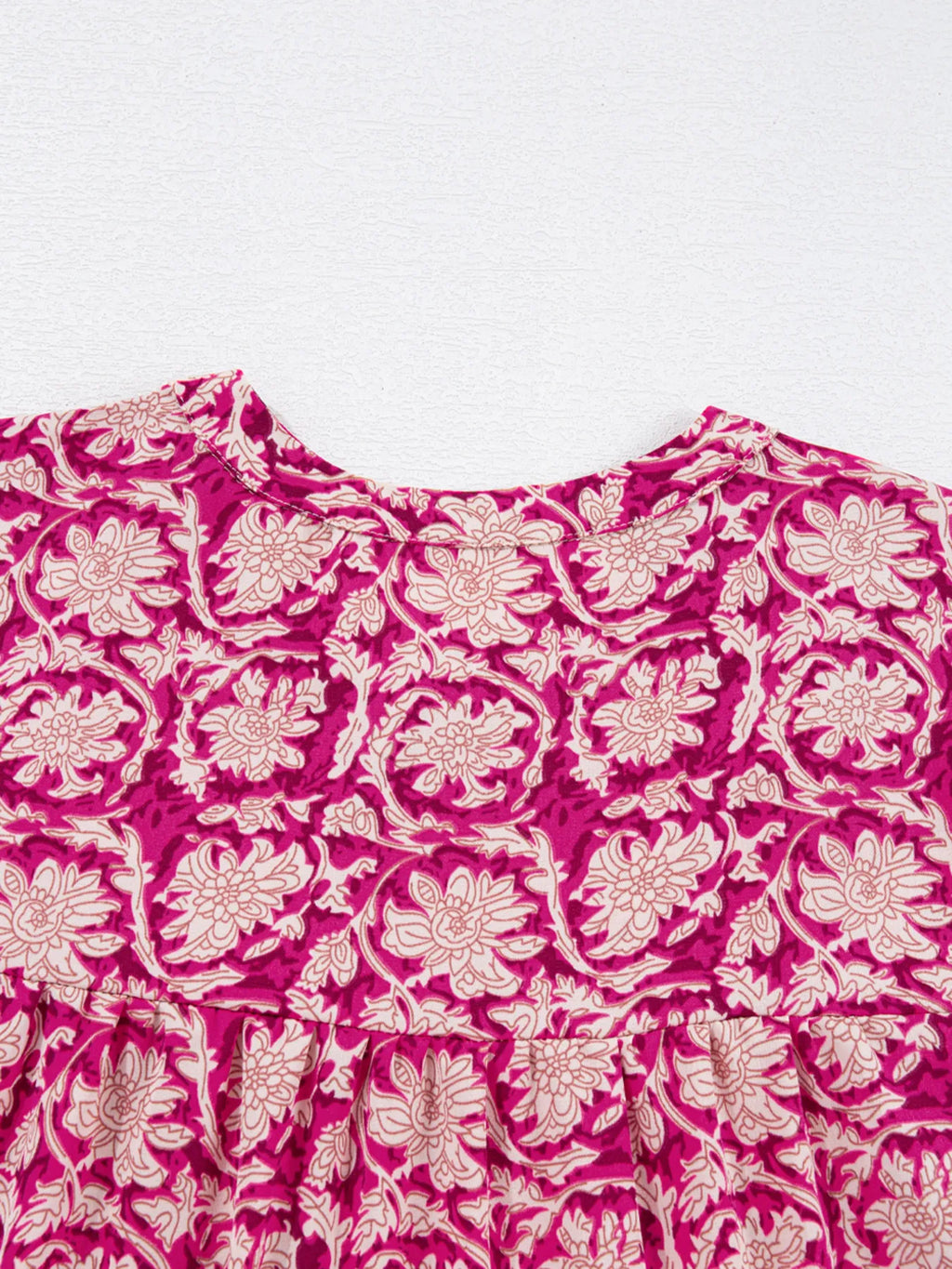 Floral Print Split Neck Pleated Long Sleeve Blouse (8)
