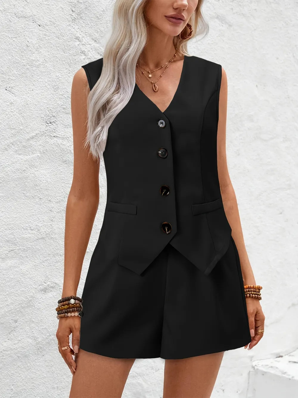 V-neck Button Down Vest Shorts Set (8)