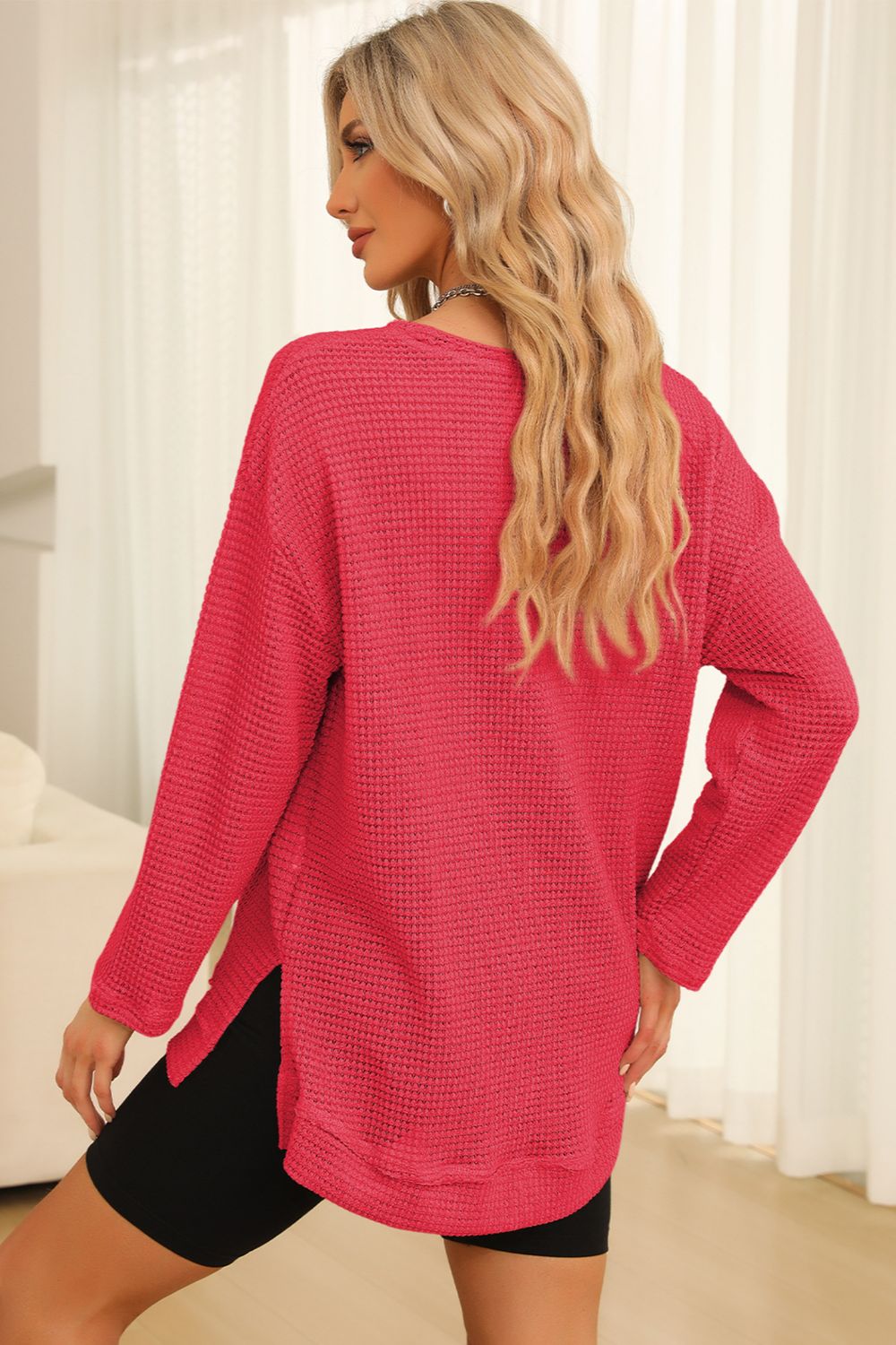 Waffle-knit Round Neck Long Sleeve Sweatshirt (18)