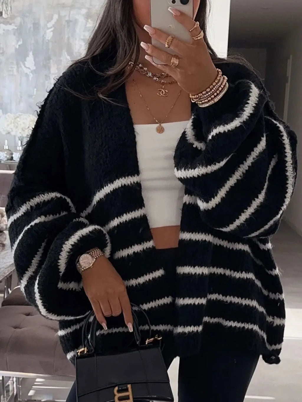 Striped Open Front Dropped Shoulder Cardigan (7)
