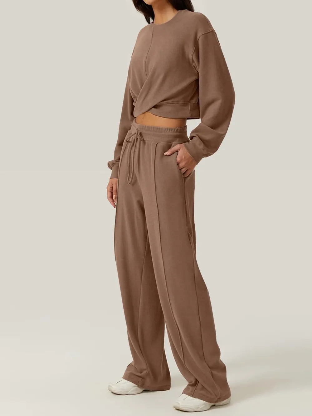 Crisscross Round Neck Top Drawstring Pants Set (3)
