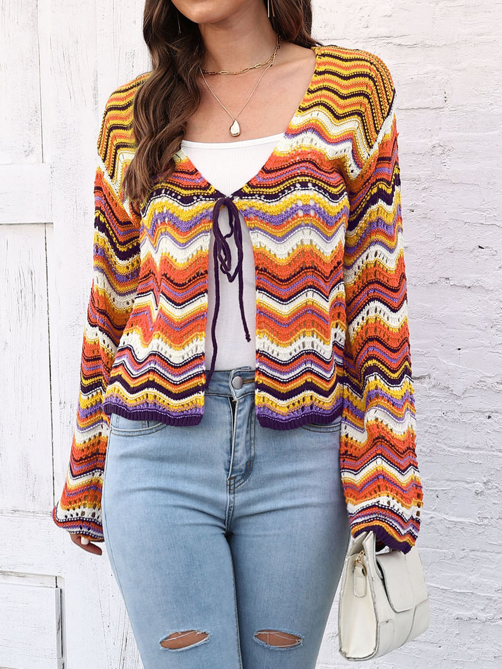 Striped Openwork Tied Cardigan (5)