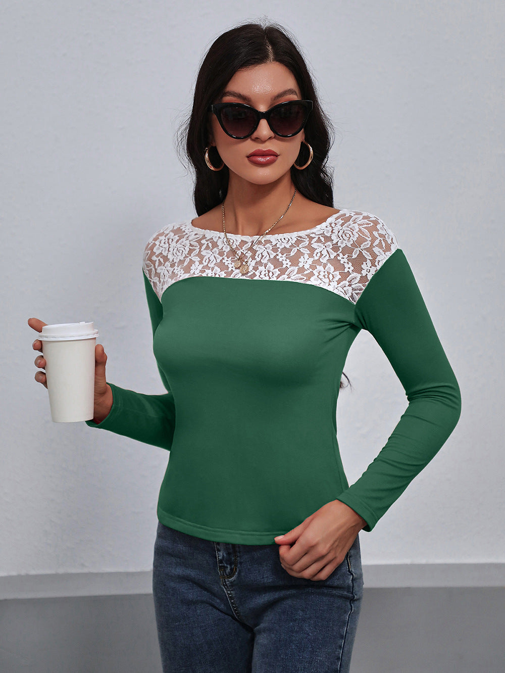 Lace Trim Long Sleeve Round Neck Tee (11)