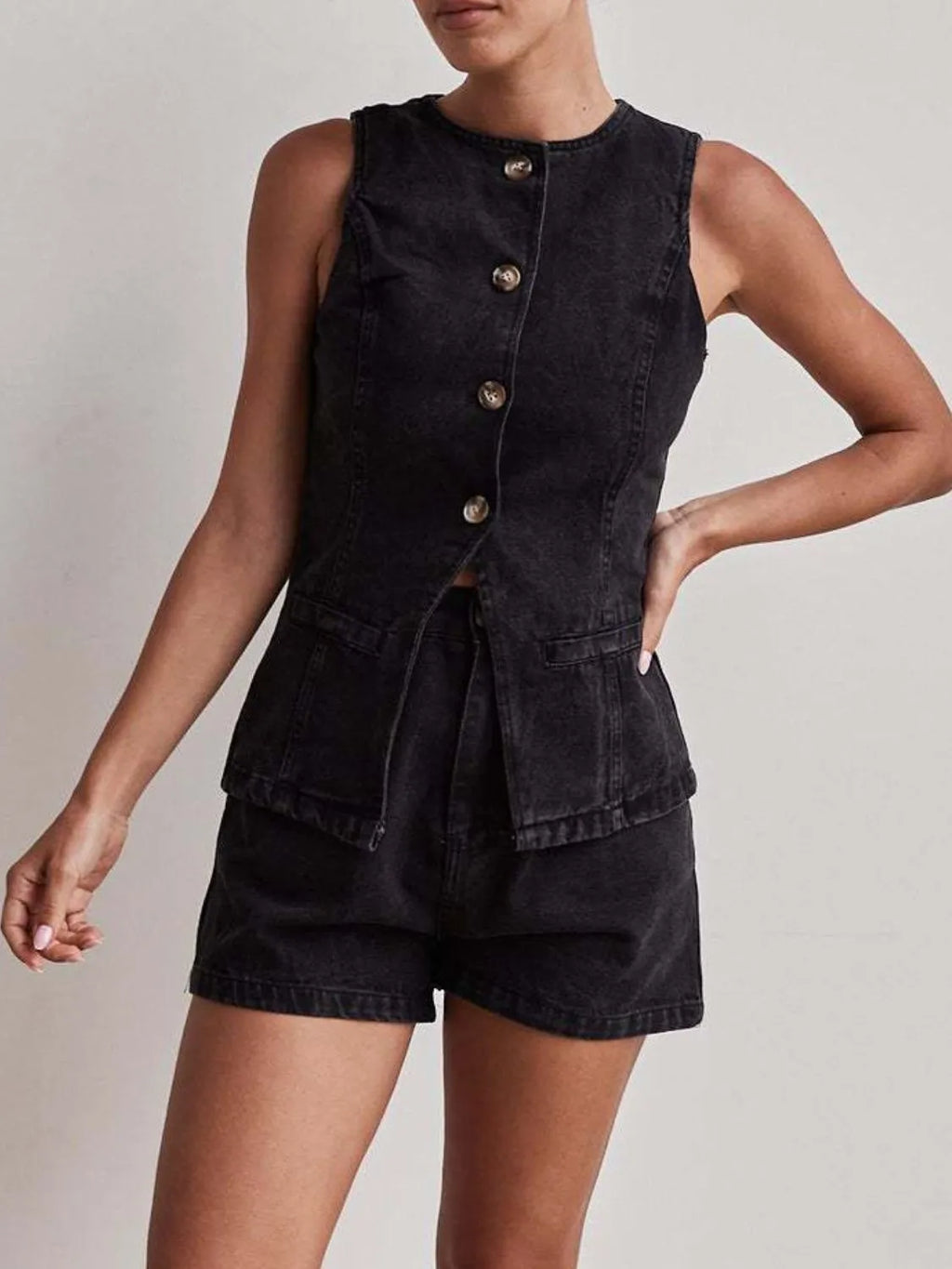 Button Down Vest Shorts Denim Set (16)