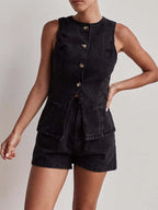 Button Down Vest Shorts Denim Set (16)