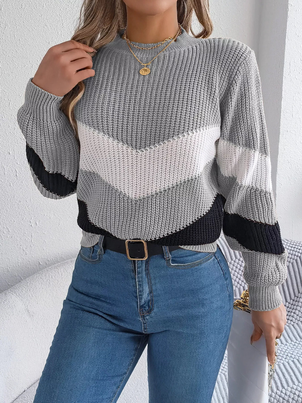 Chevron Stripe Block Round Neck Sweater (11)