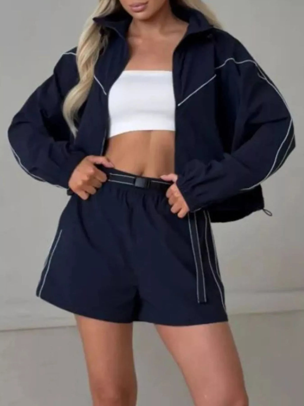 Drawstring Zip-up Jacket Shorts Set (12)