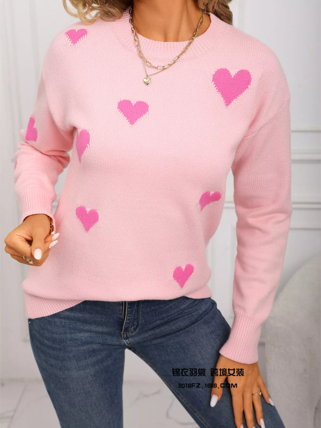 Valentine's Day Heart Print Round Neck Sweater (3)