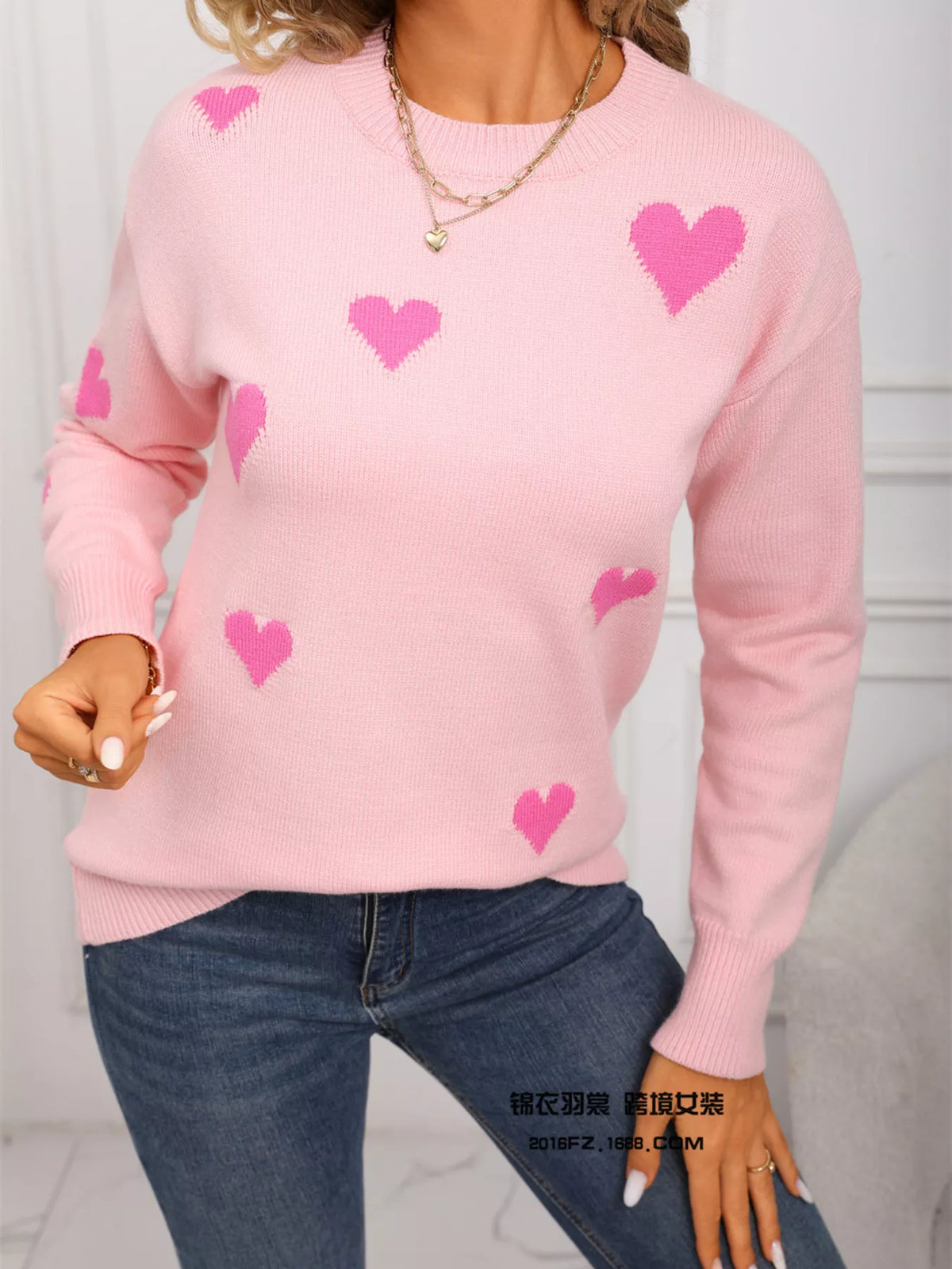 Valentine's Day Heart Print Round Neck Sweater (3)