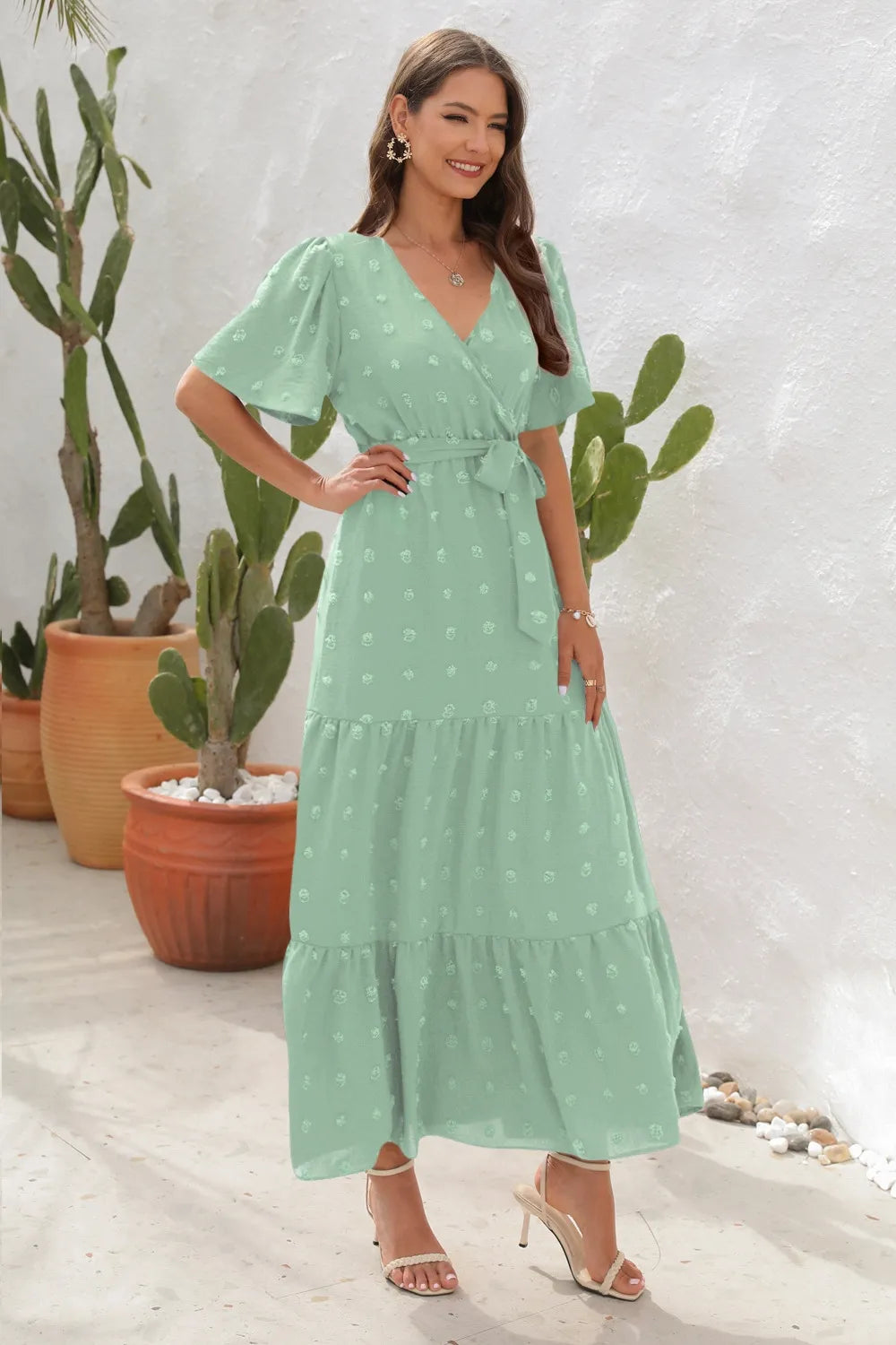 Swiss Dot Tied Surplice Short Sleeve Dress (18)