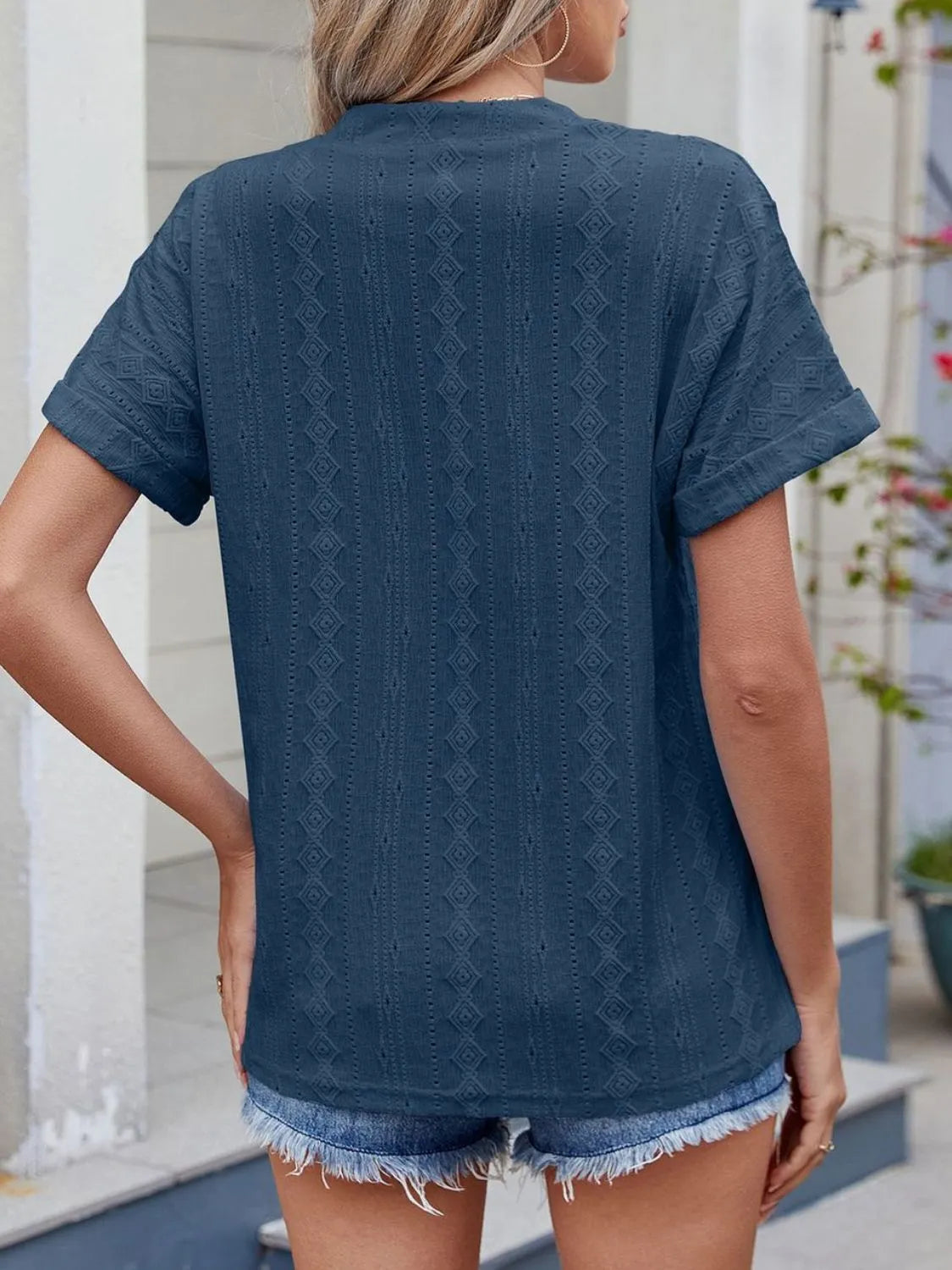 Eyelet Notched Short Sleeve Top (30)