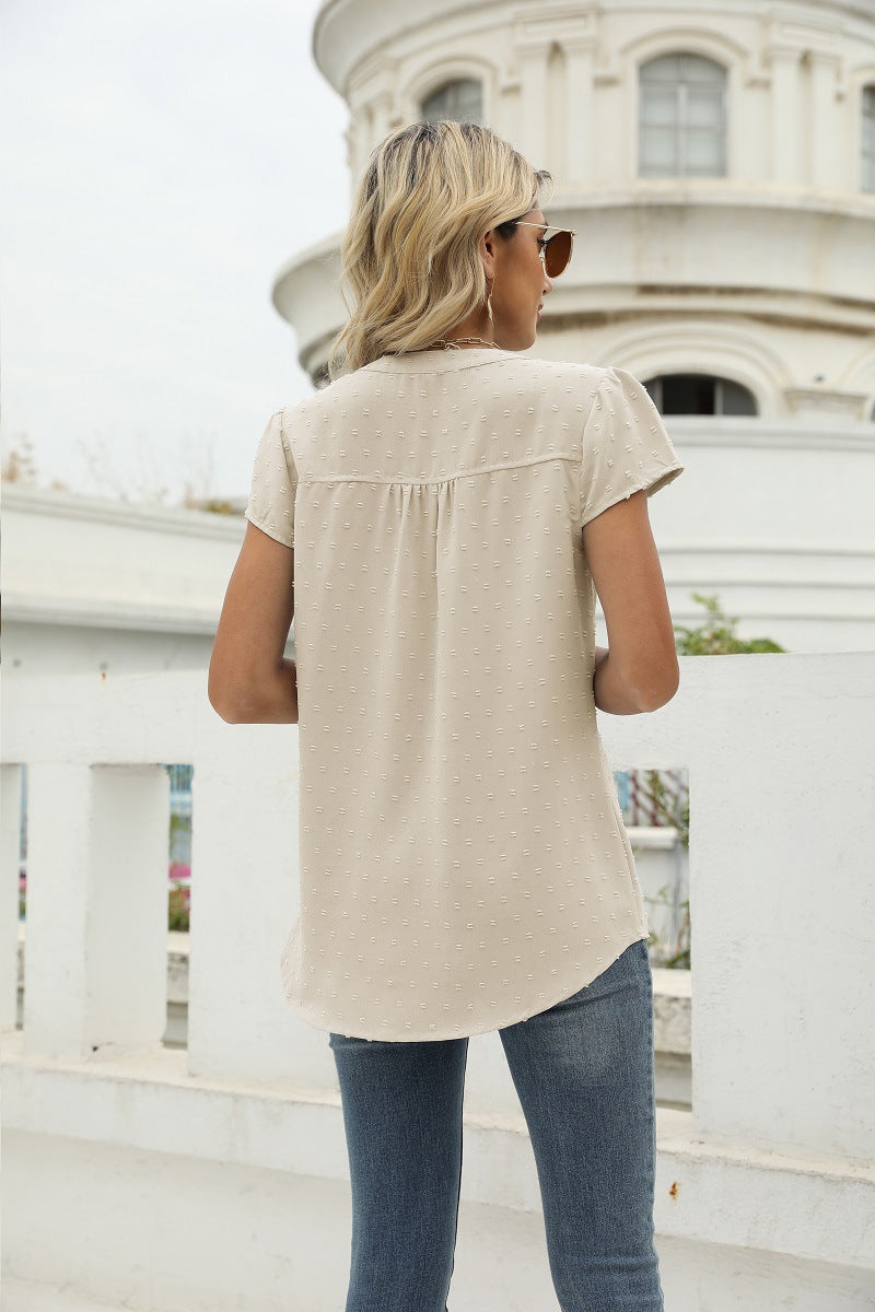 Swiss Dot Notched Neck Short Sleeve Top (29)
