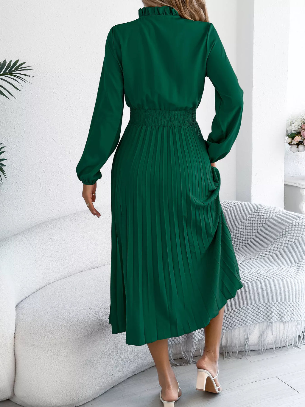 Smocked Pleated Tie Neck Dress (4)