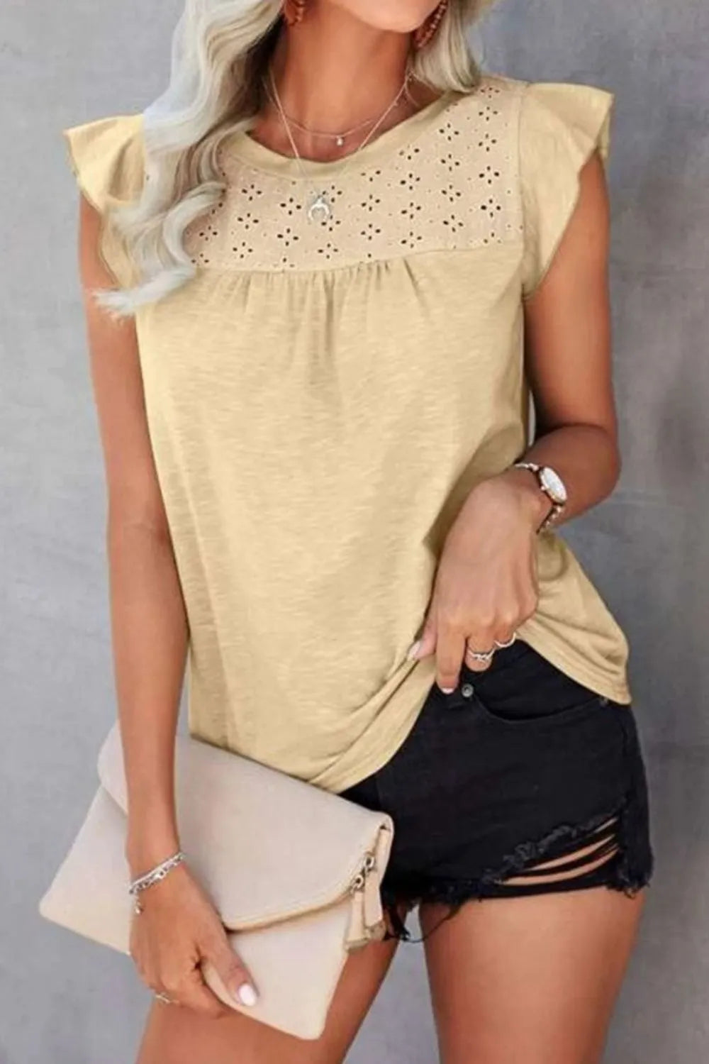 Ruffled Round Neck Cap Sleeve T-shirt (11)