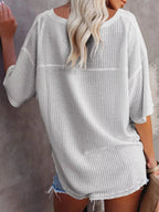Waffle Knit V-neck Short Sleeve T-shirt (9)