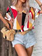 Printed V-neck Short Sleeve Blouse (5)