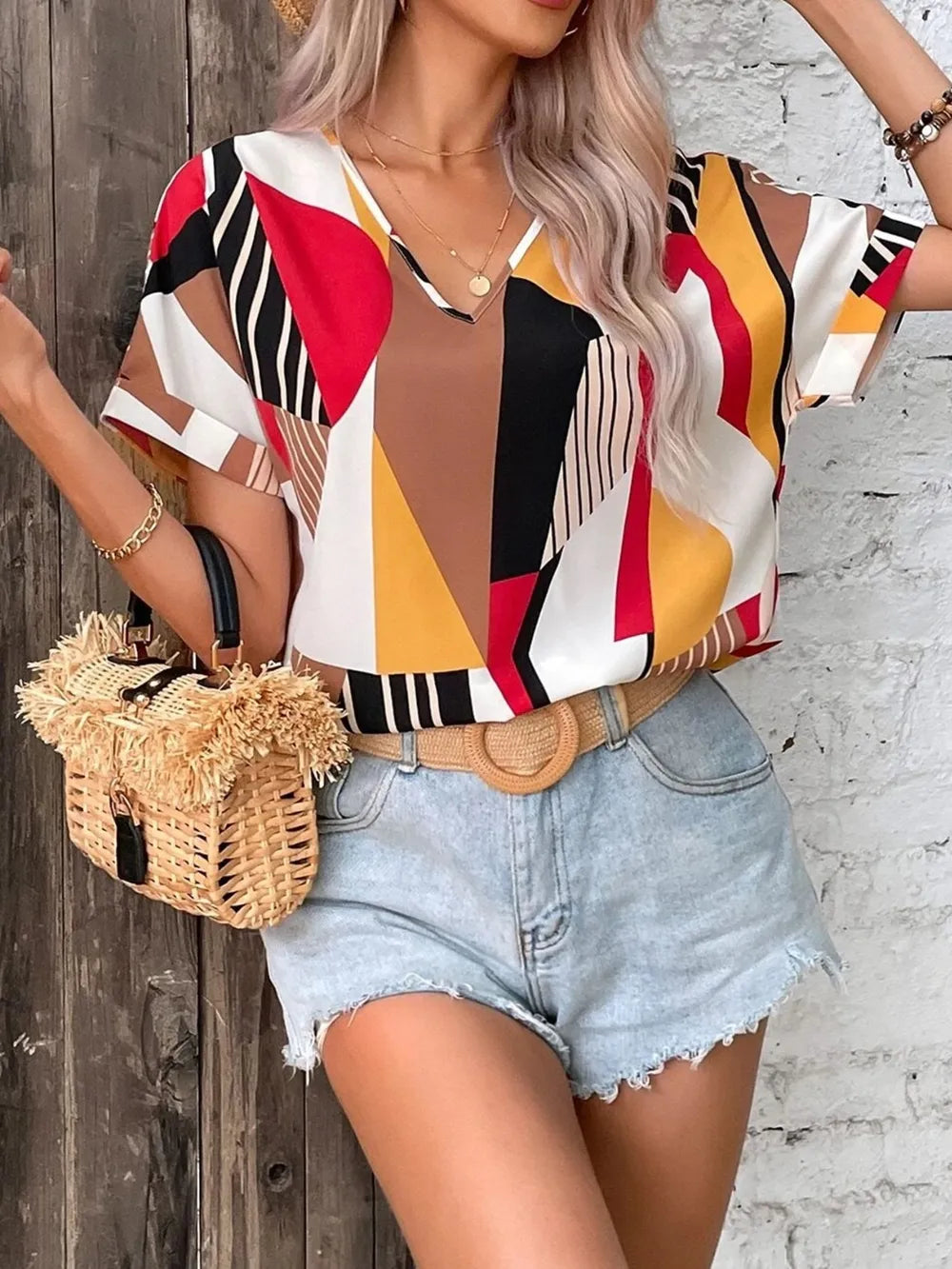 Printed V-neck Short Sleeve Blouse (5)
