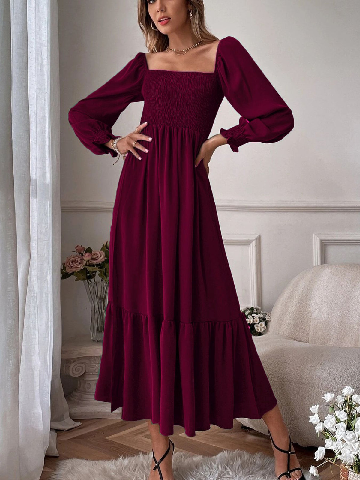 Smocked Long Sleeve Midi Dress (17)