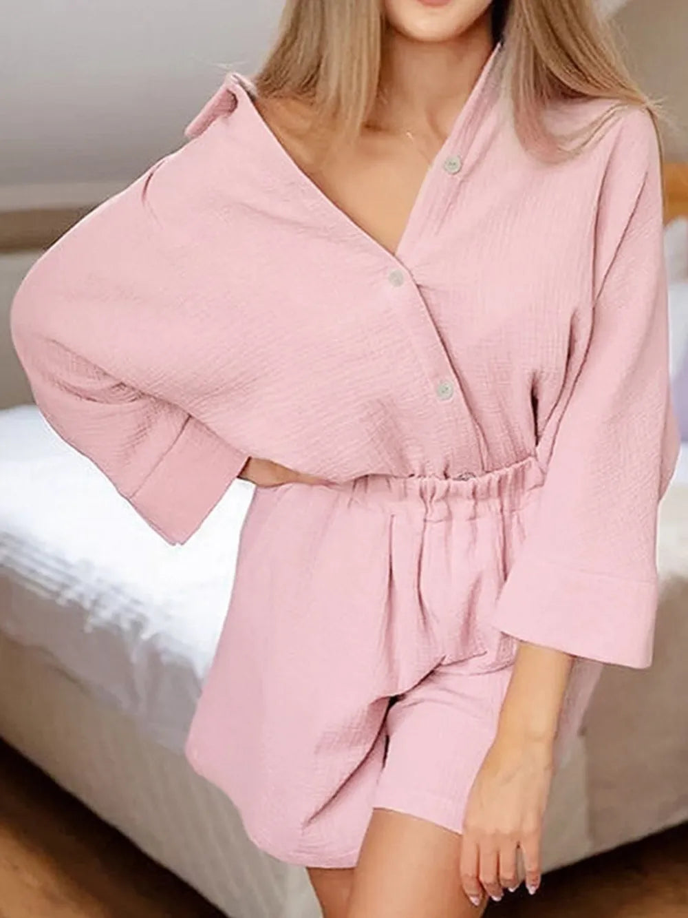 Texture Button Up Shirt Shorts Set (31)