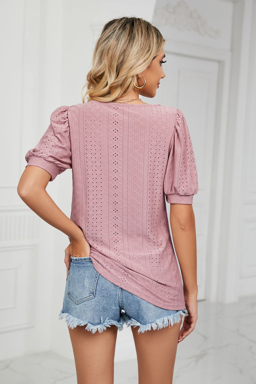 Eyelet Puff Sleeve Round Neck Top (6)