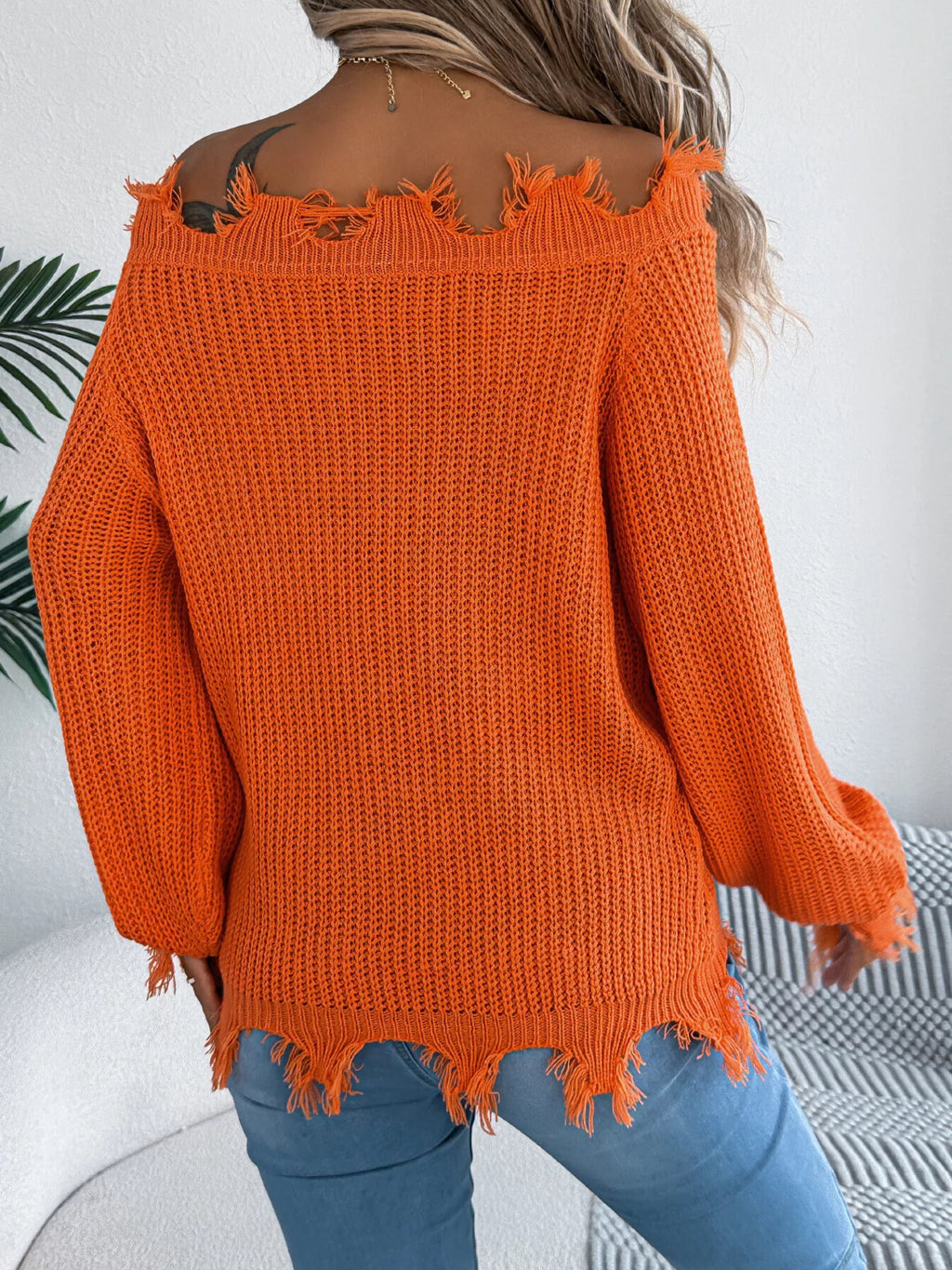 Distressed Hem Openwork Off-shoulder Sweater (3)