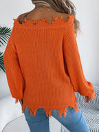 Distressed Hem Openwork Off-shoulder Sweater (3)