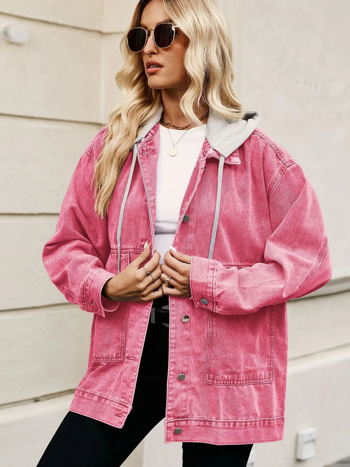 Oversized Button Up Denim Jacket Hood