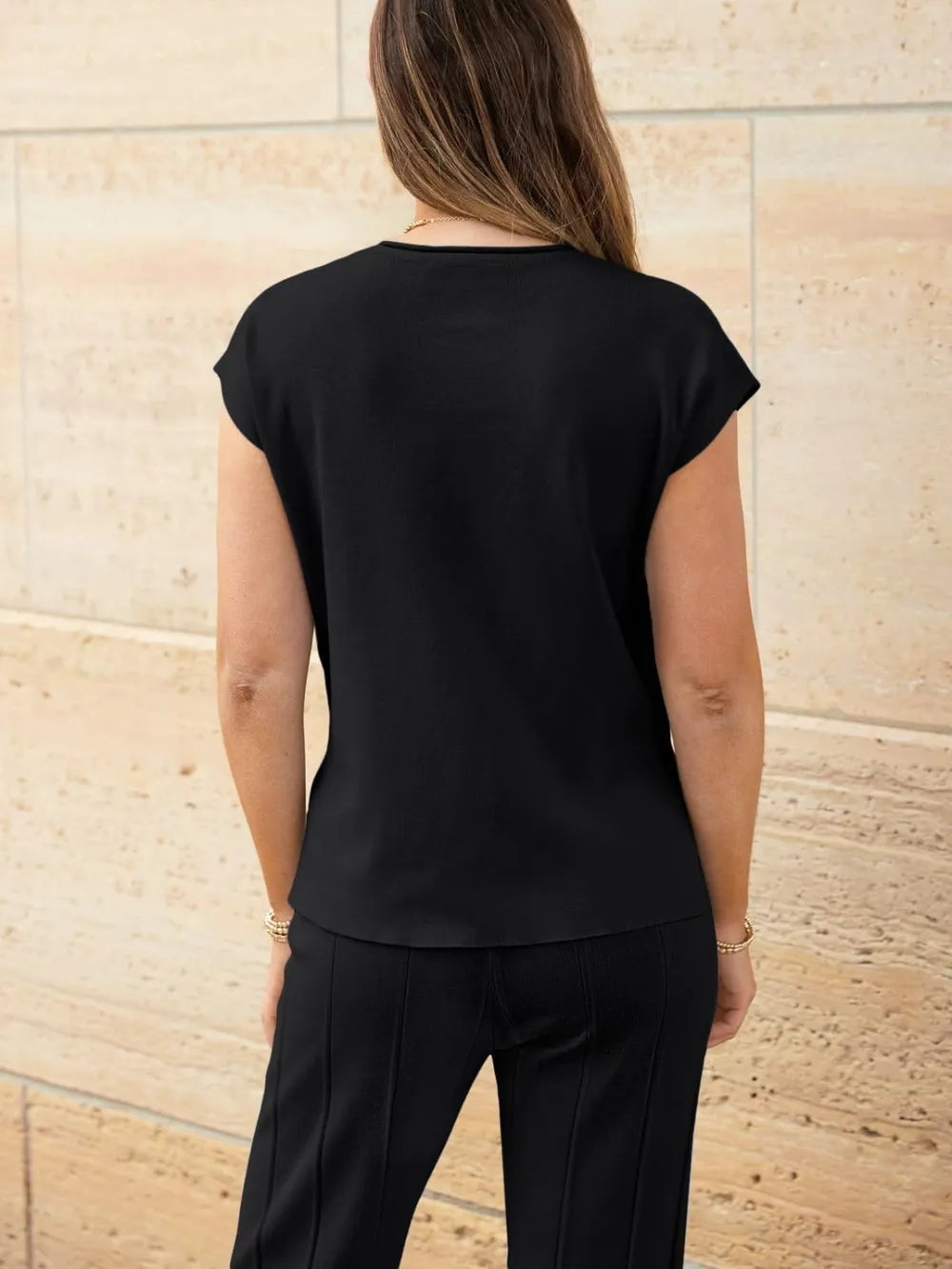 Round Neck Cap Sleeve Top Pants Knit Set (9)